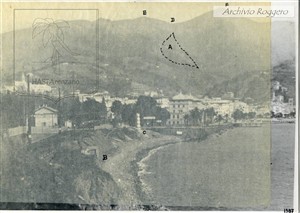 Panorama di Arenzano nel 1931 – Foto C. Roggero - Con indicazioni utili ad individuare la frana della Liggia