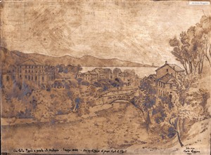 Arenzano castello Figoli e ponte S. Antonio anno 1854 da un disegno di propr. Conte E. Figoli (Riproduzione C. Roggero 1930)
